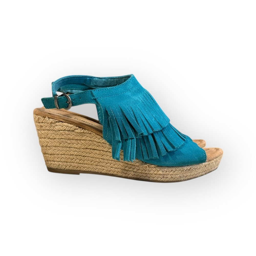 Minnetonka Blue Fringe Wedge Sandals